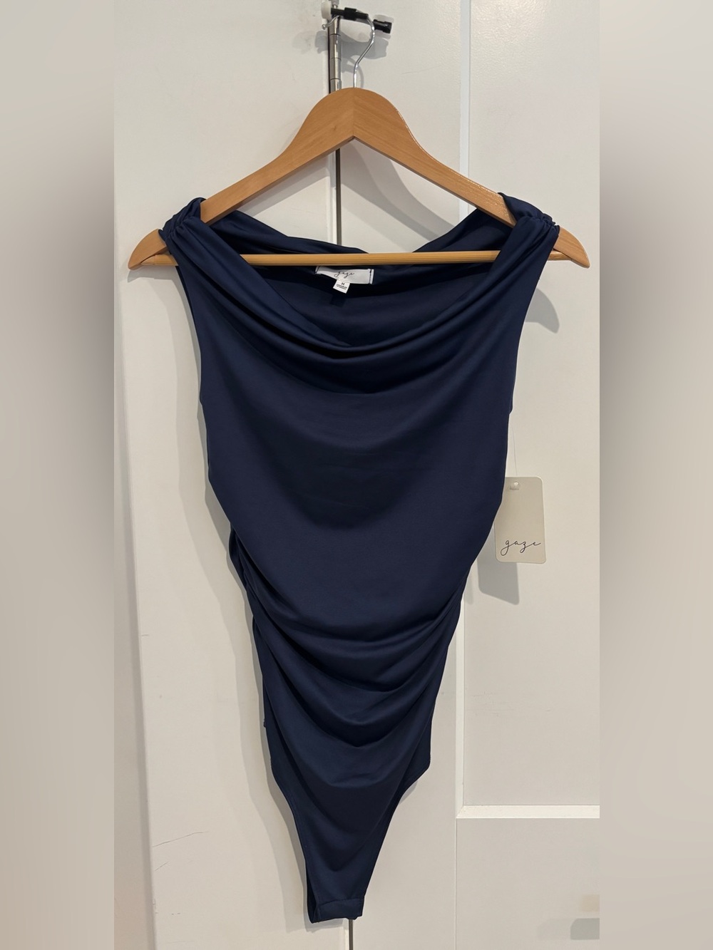 gaze Off the Shoulder Navy Draped Cowl Bodysuit. Size M